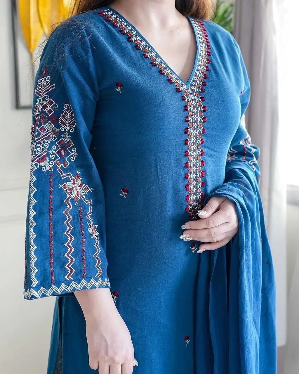 Light festive cotton kurti set with embroidered detailing and dupatta