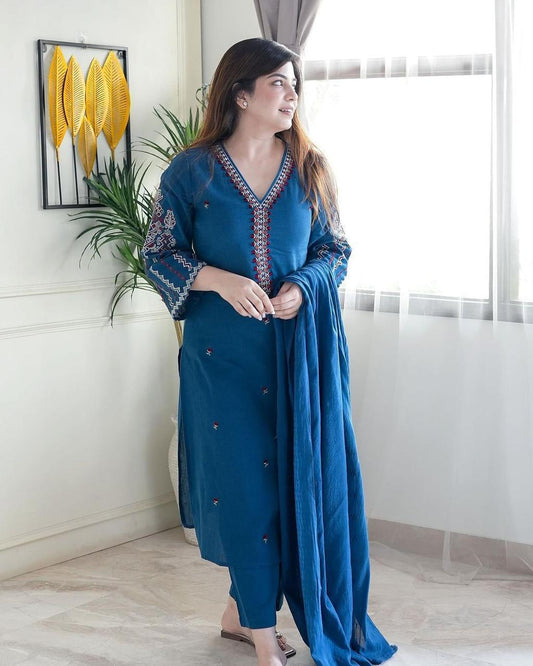 Premium embroidered cotton kurta set with cigarette pants and cotton dupatta