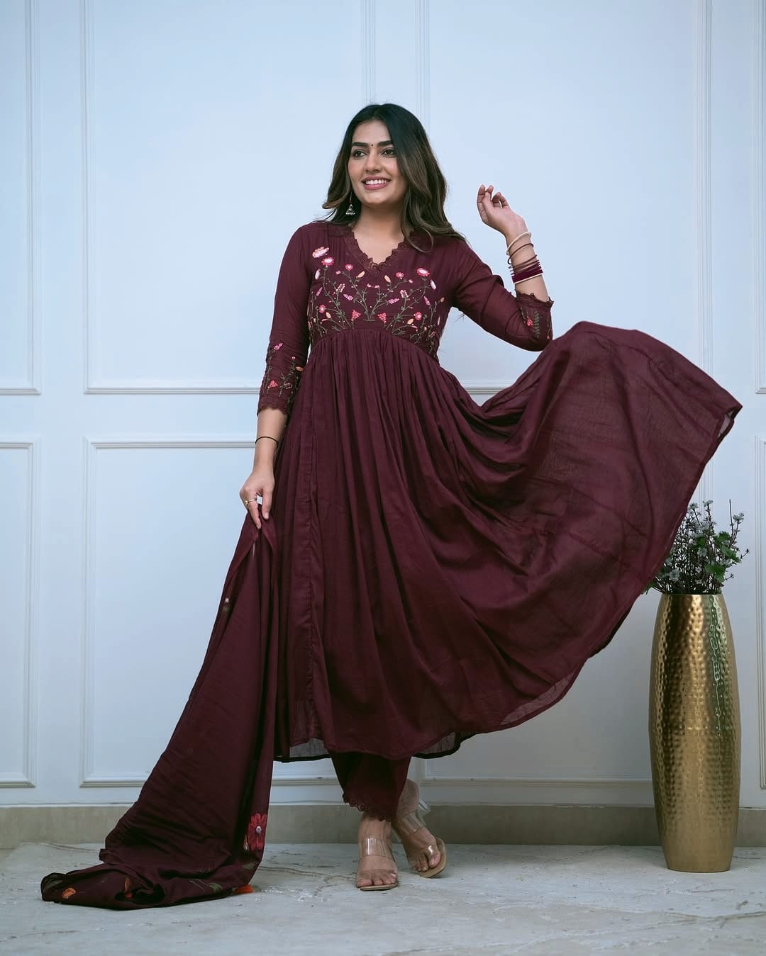 Green cotton kurta set with embroidery and printed dupatta

