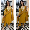 Front view of embroidered cotton kurta set with malmal dupatta