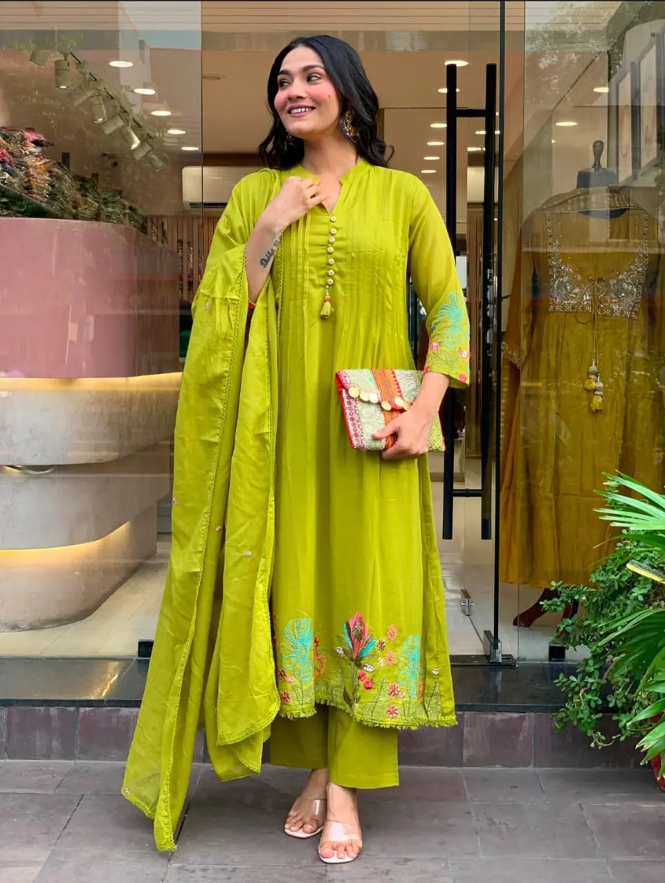 Cotton 60×60 kurti set featuring original sleeve embroidery