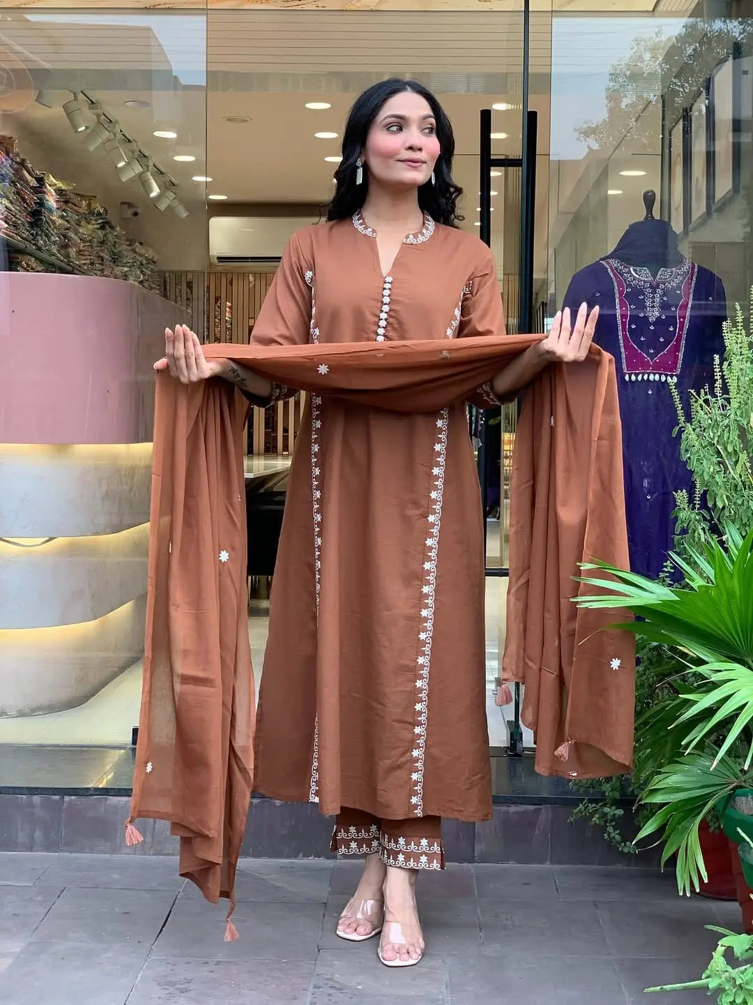 Embroidered cotton kurti set with handwork and dupatta