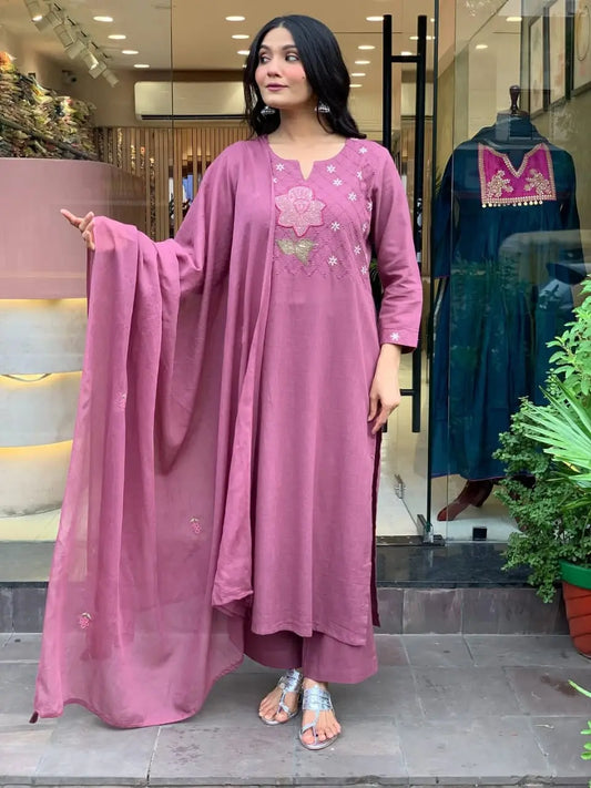 Embroidered heavy cotton kurti pant dupatta set in lavender