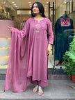 Embroidered heavy cotton kurti pant dupatta set in lavender