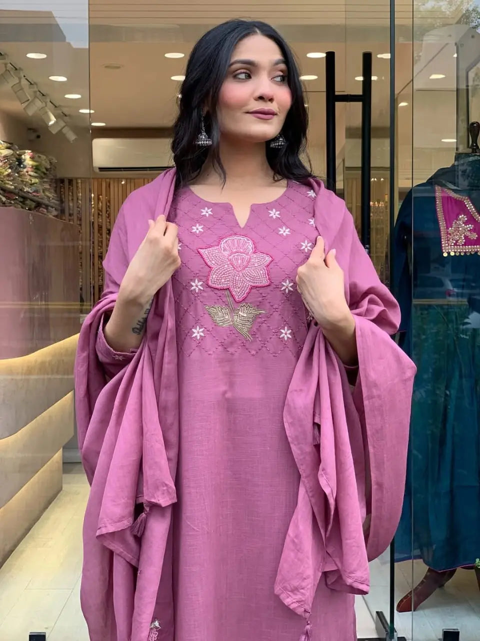 Festive cotton embroidered kurti suit with dupatta