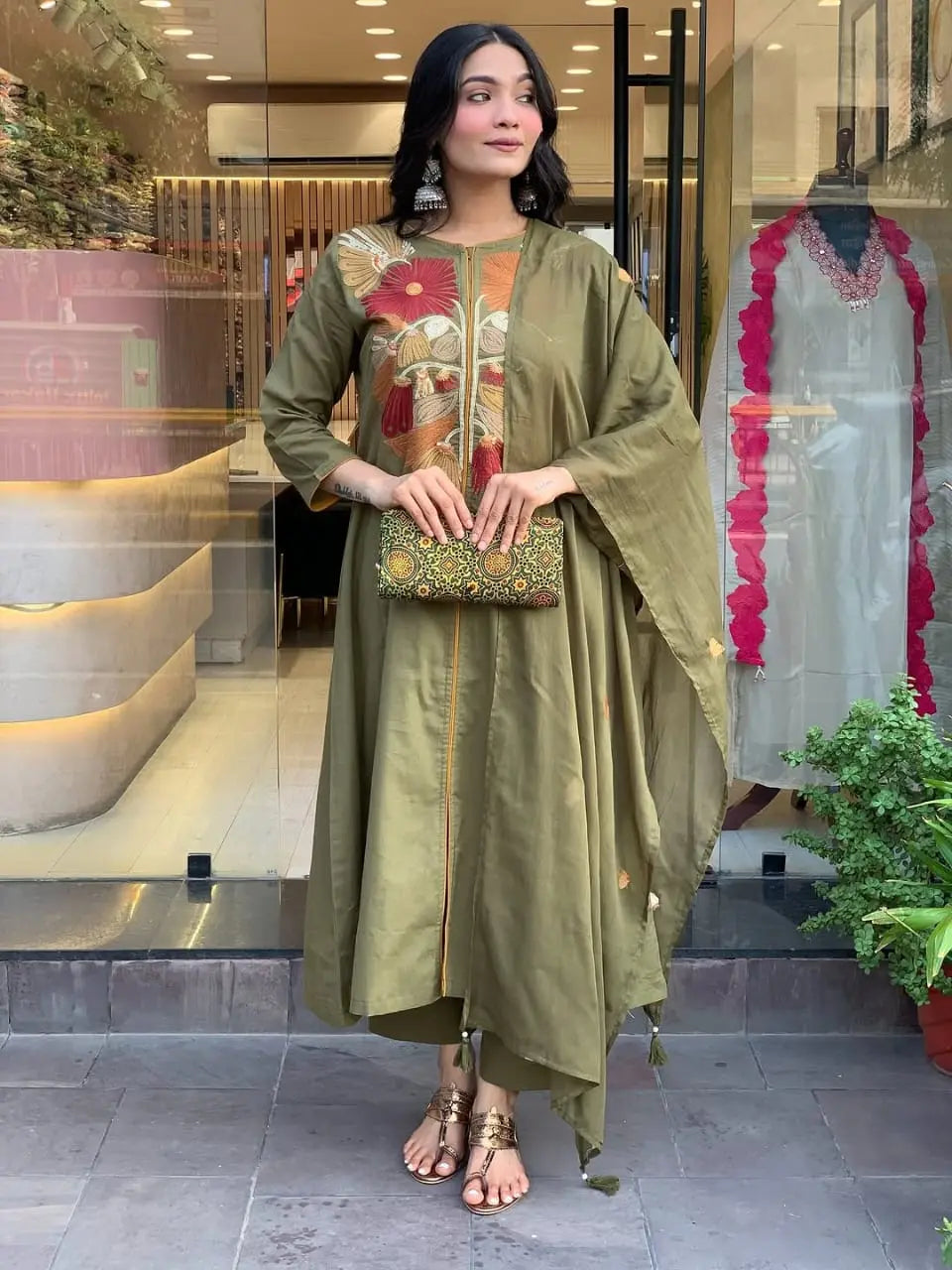 Premium embroidered cotton kurti pant dupatta set for festive wear