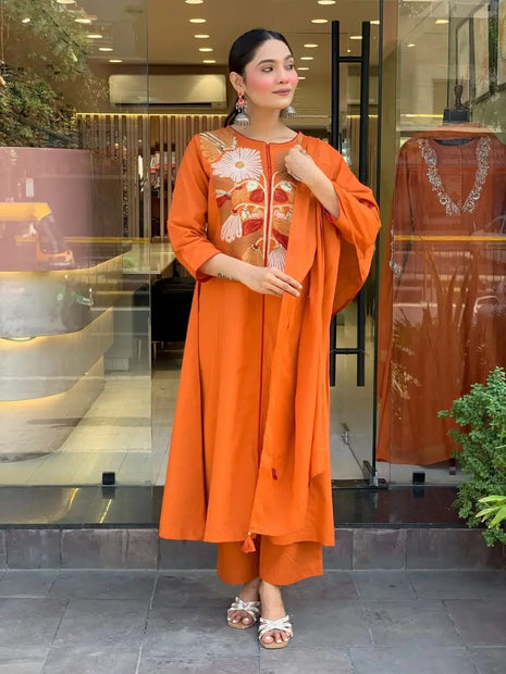 Fine cotton kurti set with intricate embroidery and matching pants