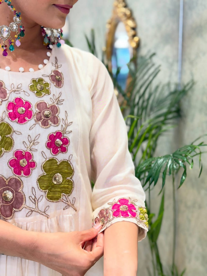 Close-up of embroidery on neckline and sleeves