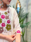 Close-up of embroidery on neckline and sleeves