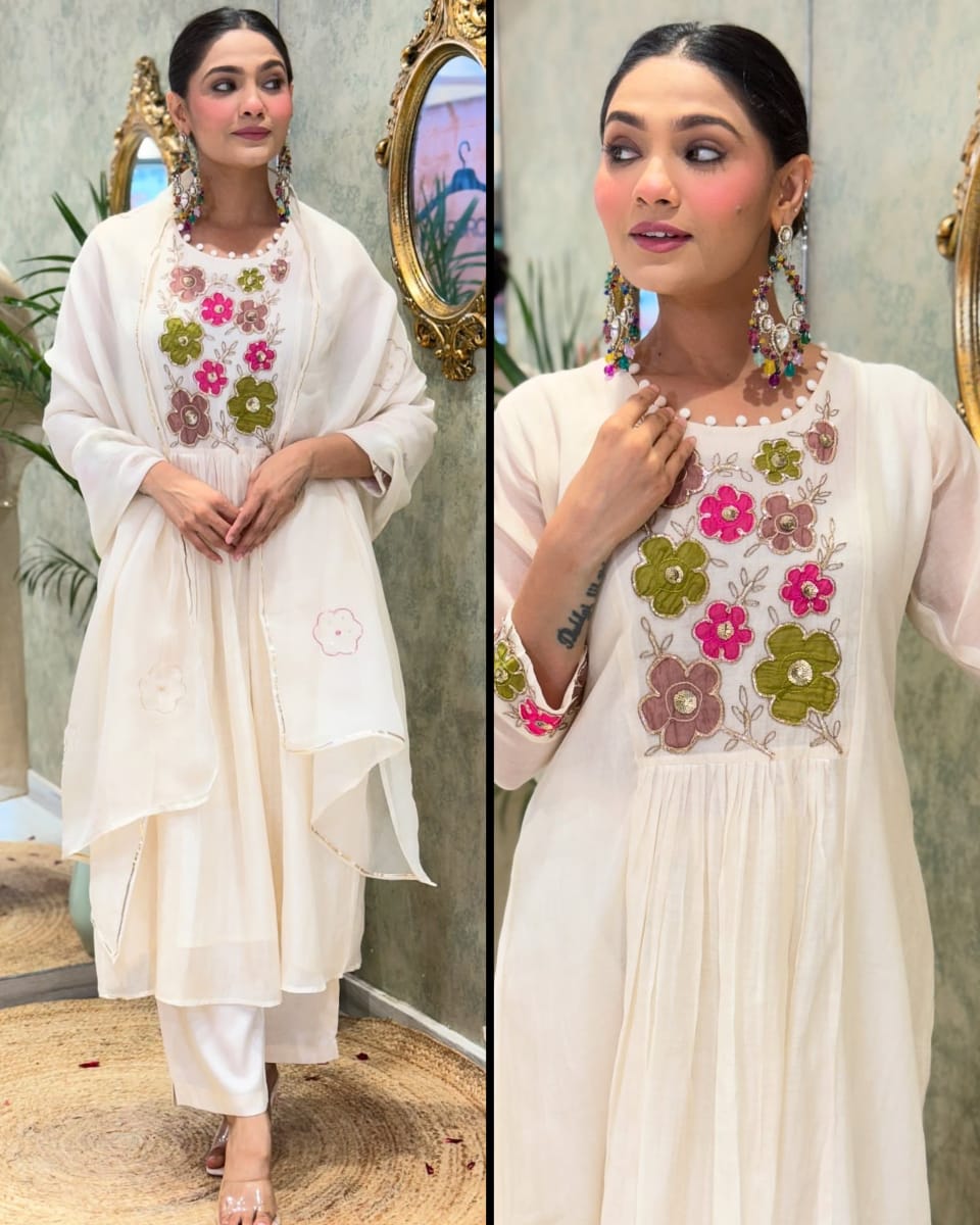 Embroidered cotton kurti set with Chanderi dupatta