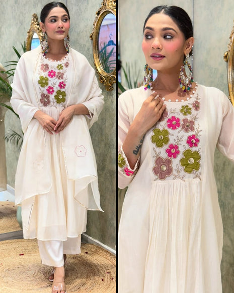 Embroidered cotton kurti set with Chanderi dupatta