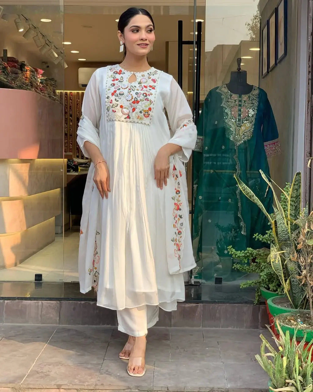 white embroidered cotton kurta set with malmal dupatta