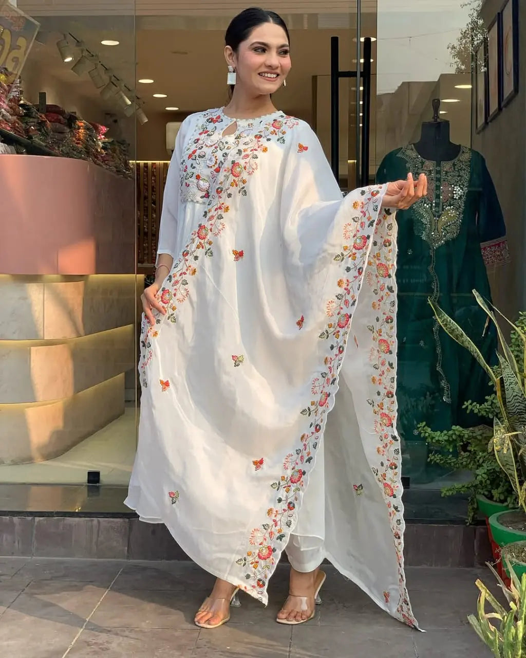 Festive cotton 60x60 suit set with embroidered neckline
