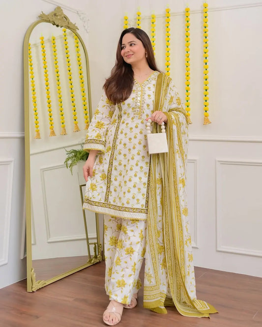 Premium embroidered cotton suit set with lace neckline and dupatta