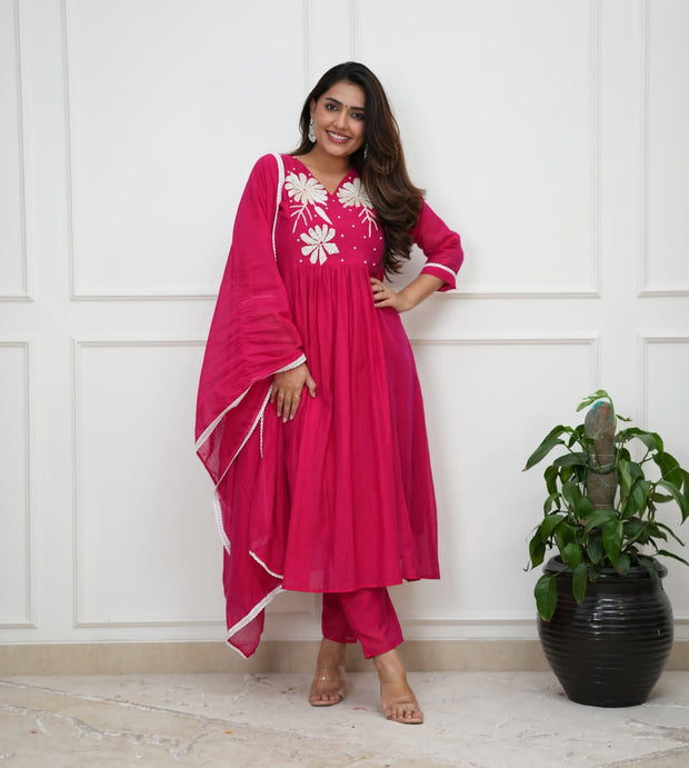 Embroidered flaired cotton kurta set with malmal dupatta