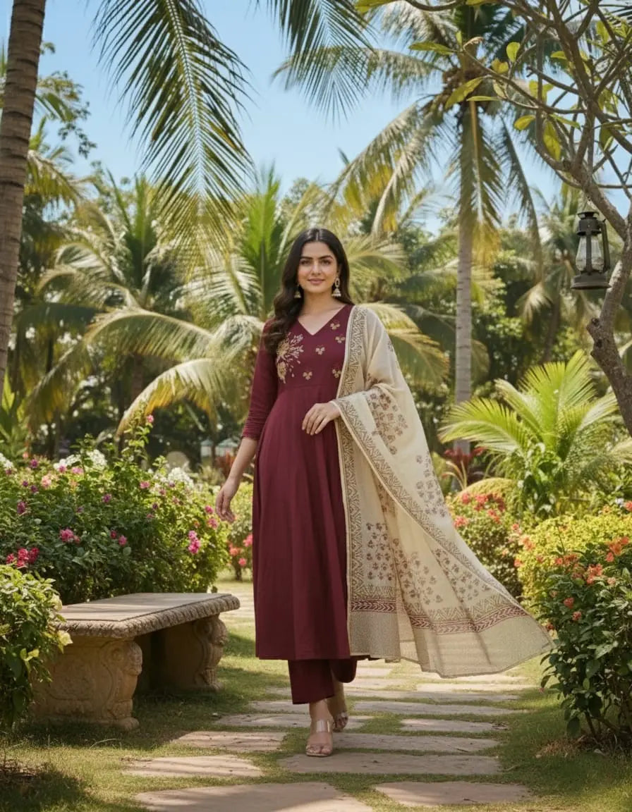 Women’s maroon cotton kurta and pant set featuring colorful neckline embroidery