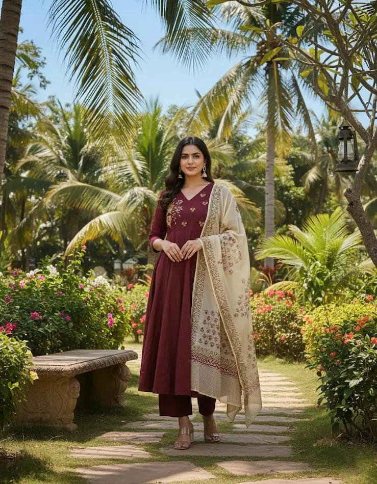 Embroidered maroon flared kurta set with soft cotton malmal dupatta
