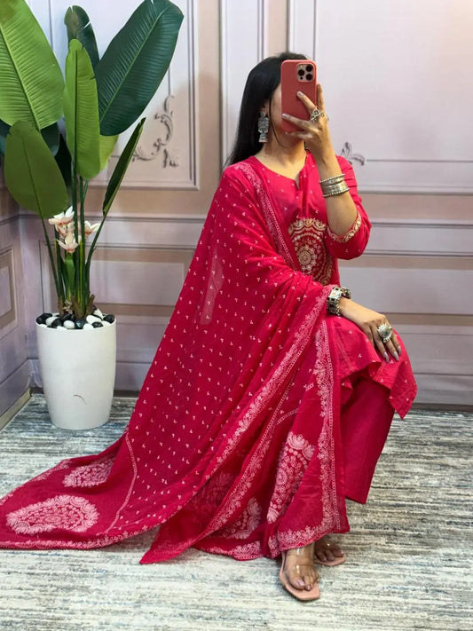 embroidered rayon kurti pant dupatta set festive wear