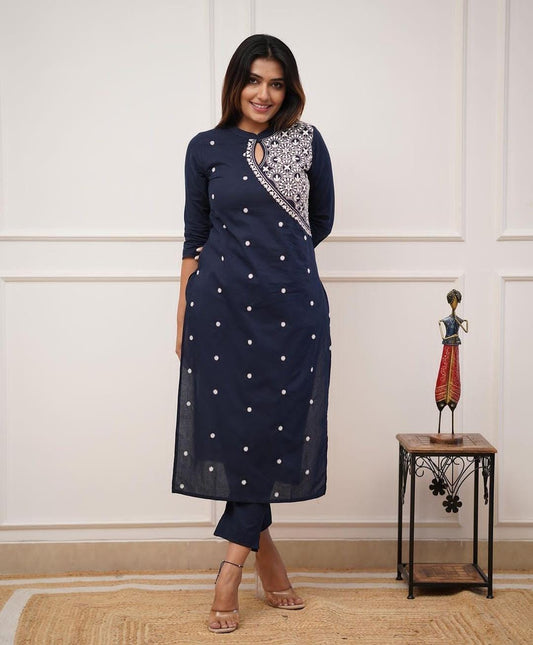 Blue embroidered rayon kurti pant set office wear
