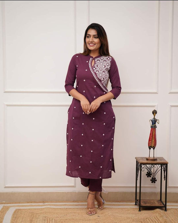 Trendy rayon kurti with embroidery detailing and pants