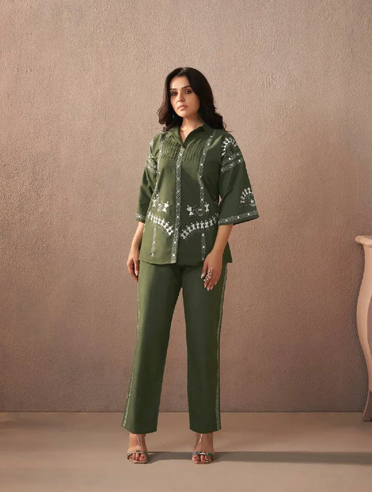 Premium cotton embroidered co-ord set with matching pants for women