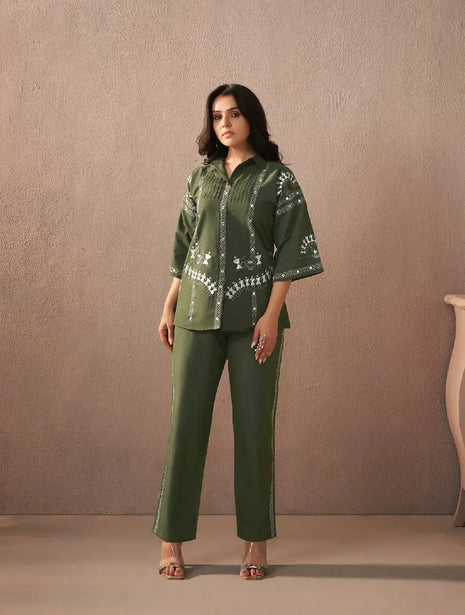 Premium cotton embroidered co-ord set with matching pants for women