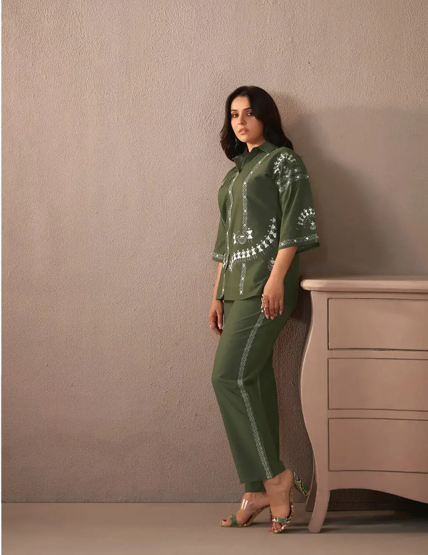 All-season cotton co-ord set featuring embroidered top and pant