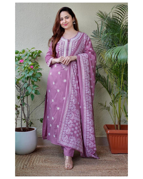 Embroidered Reyon Kurta Pant Dupatta Set front view

