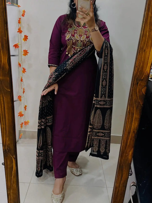 Embroidery and sequence work straight fit cotton suit set