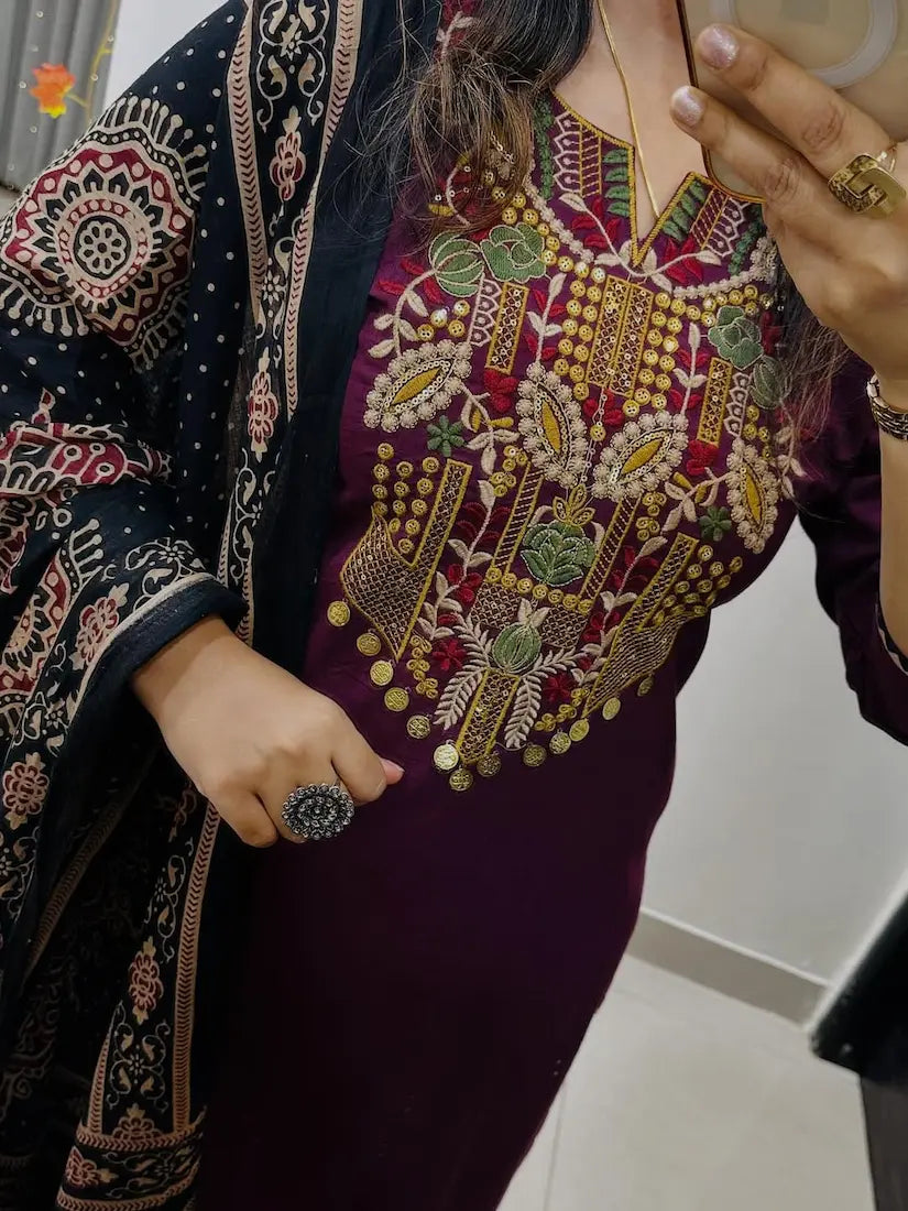 Festive cotton straight suit with sequence detailing