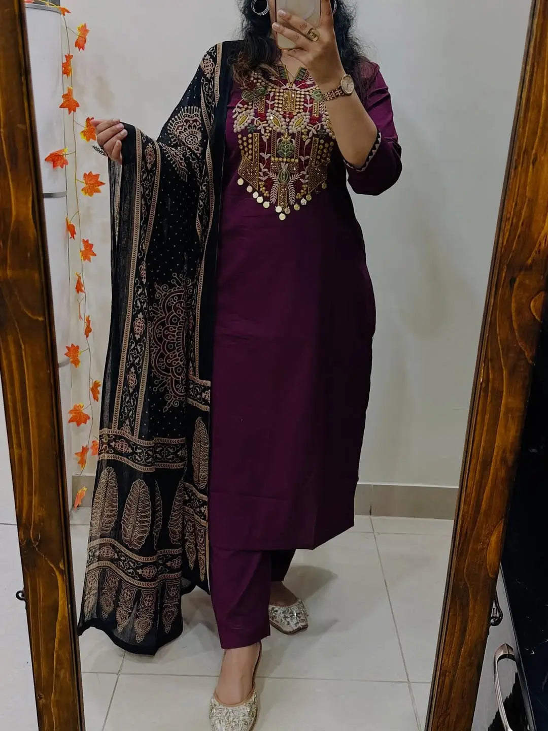 Cotton straight kurta with embroidered yoke and printed dupatta