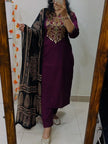 Cotton straight kurta with embroidered yoke and printed dupatta