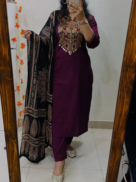 Cotton straight kurta with embroidered yoke and printed dupatta