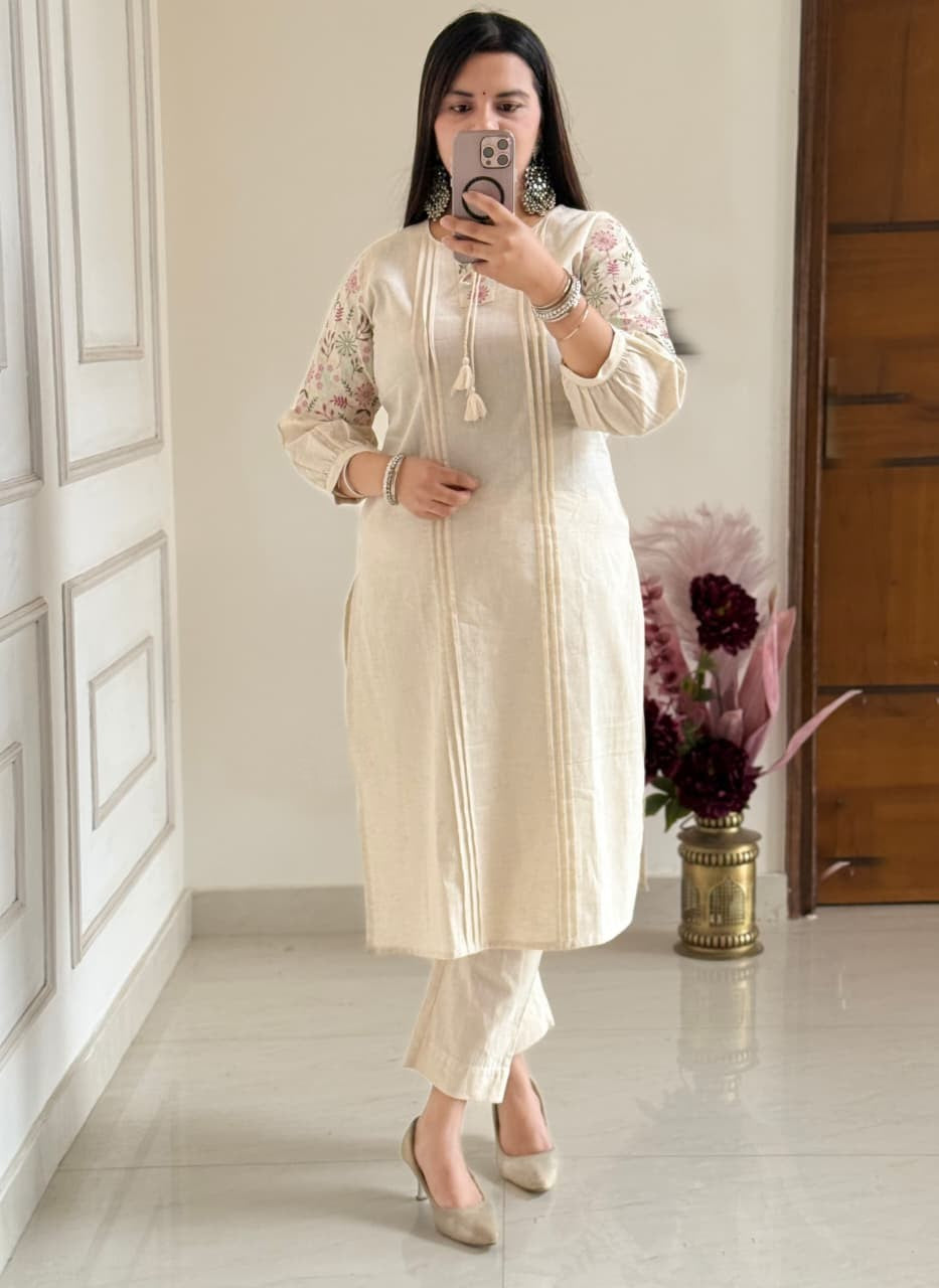 Flax cotton kurta pant set with embroidered sleeves