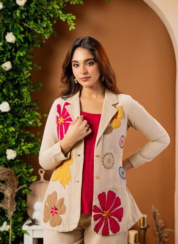 Three-Piece Blazer Set with Folk Art Embroidery