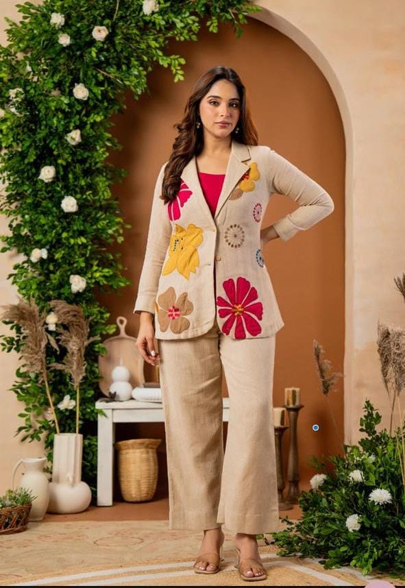 Phoolkari Floral Embroidered Cotton Flex Blazer Set