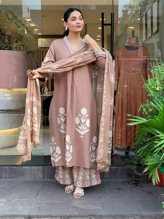 Embroidered pure cotton suit set with handwork and dupatta