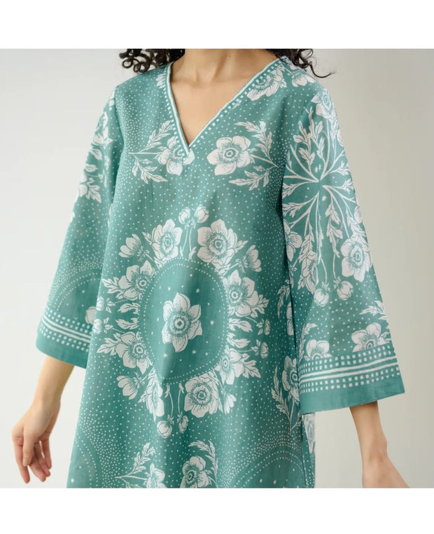 Close-up of digital floral print on blue kurta


