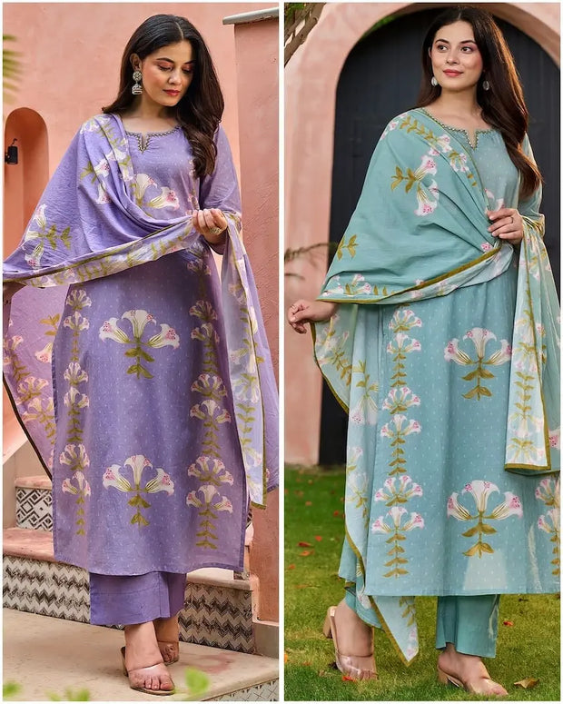 Floral printed cotton suit set with embroidered neckline