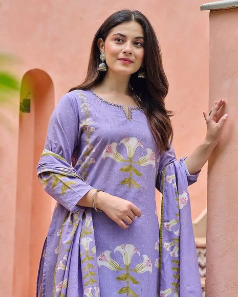 Festive floral cotton suit with mal cotton dupatta