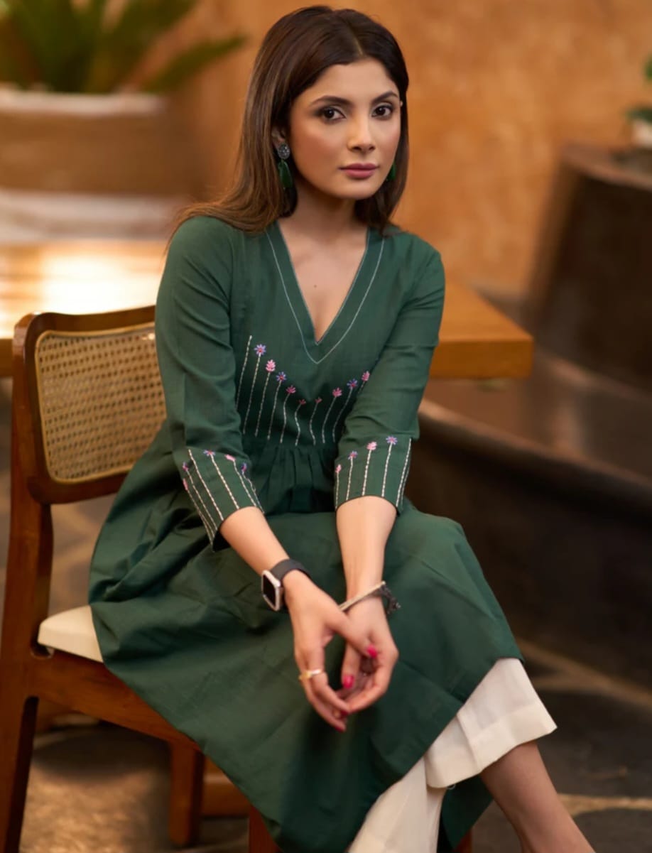 Festive cotton kurta set with pleated flare and palazzo