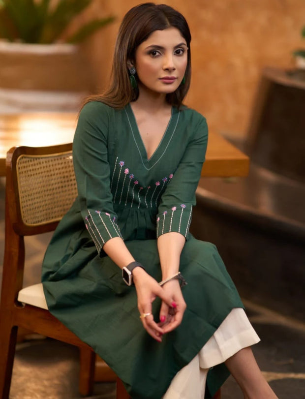 Festive cotton kurta set with pleated flare and palazzo
