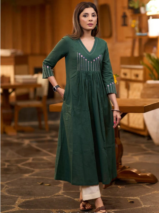 Forest Green Cotton Slub Pleated Kurta with Aari Embroidery