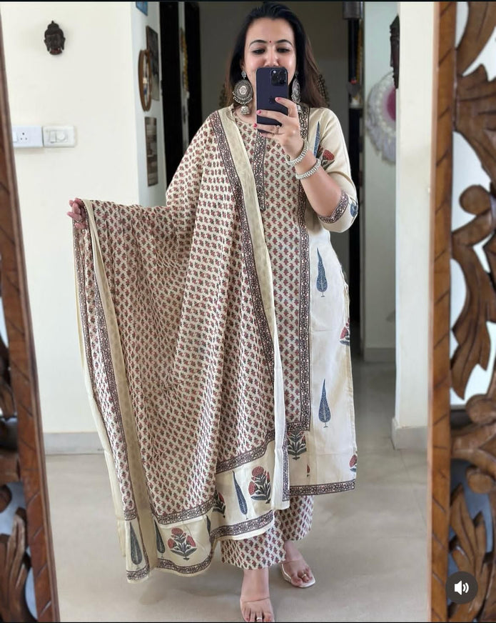 Full view of frock-style cotton kurti set with malmal dupatta

