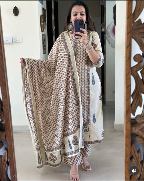 Full view of frock-style cotton kurti set with malmal dupatta

