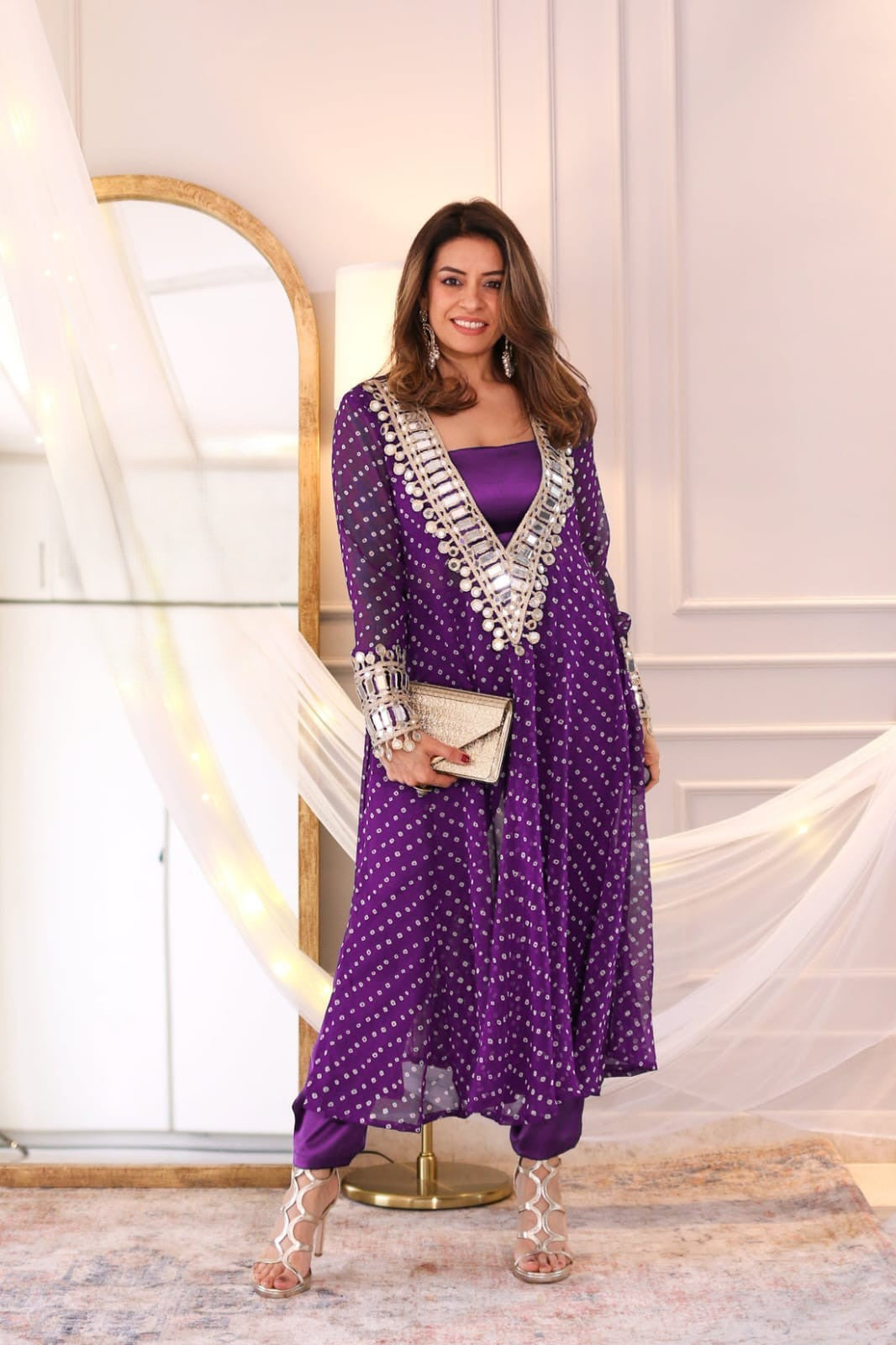 Women’s party wear georgette Anarkali kurti with side cut design in purple
