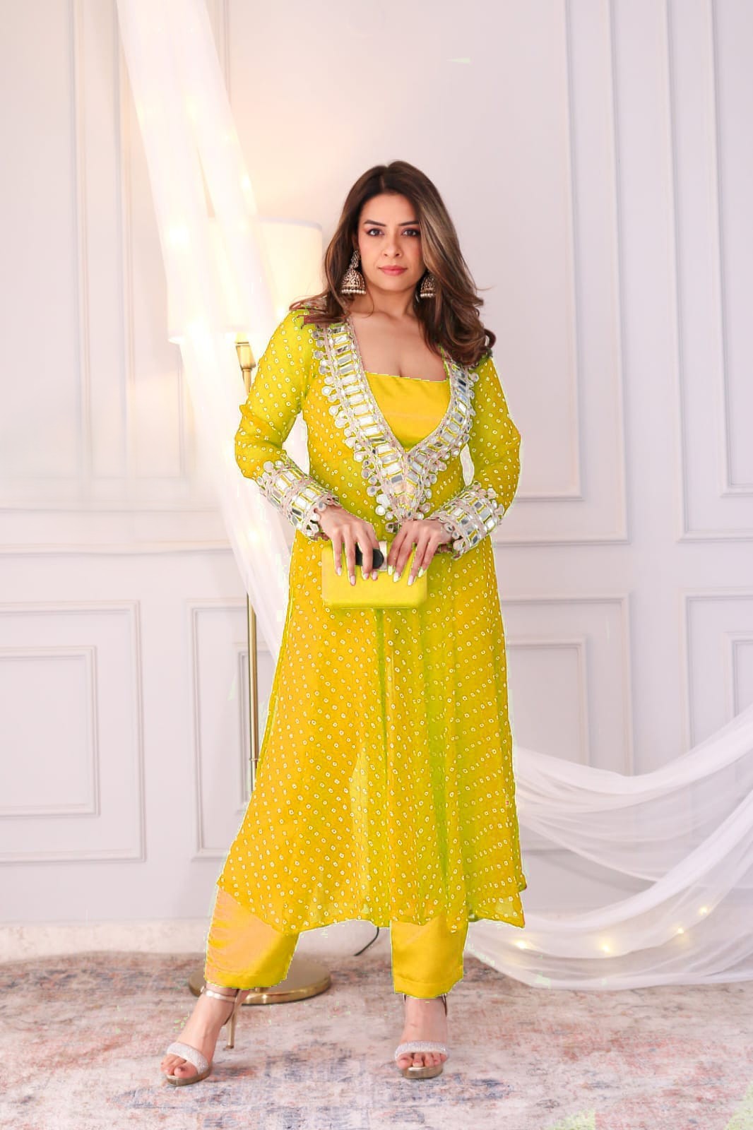 Women’s party wear georgette Anarkali kurti with side cut design in yellow