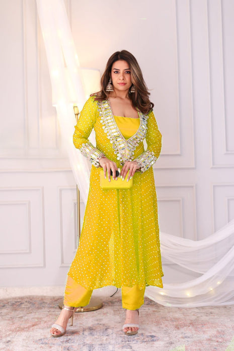 Women’s party wear georgette Anarkali kurti with side cut design in yellow