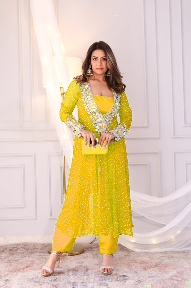 Women’s party wear georgette Anarkali kurti with side cut design in yellow