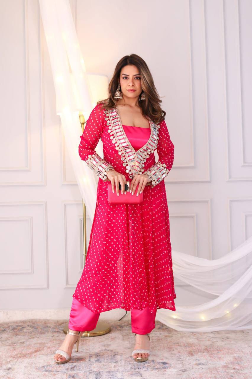 Heavy designer georgette kurti with coded embroidery and crape pants in pink